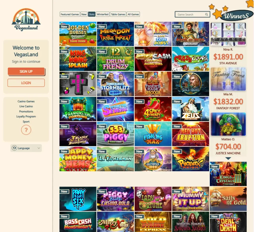 VegasLand Casino desktop slots variety screenshot showing multiple slot categories, featured games and provider filters - tested VegasLand Casino desktop slots variety screenshot showing multiple slot categories, featured games and provider filters - tested