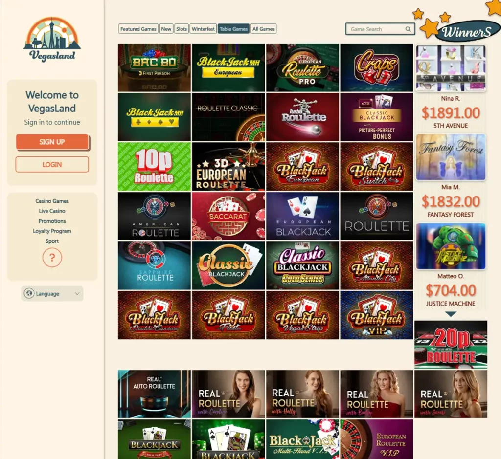 VegasLand Casino desktop table games collection screenshot showing various table games, categories and filtering options - tested VegasLand Casino desktop table games collection screenshot showing various table games, categories and filtering options - tested