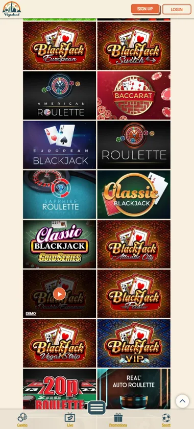 VegasLand Casino mobile table games collection screenshot displaying available table games and mobile-friendly navigation - tested VegasLand Casino mobile table games collection screenshot displaying available table games and mobile-friendly navigation - tested