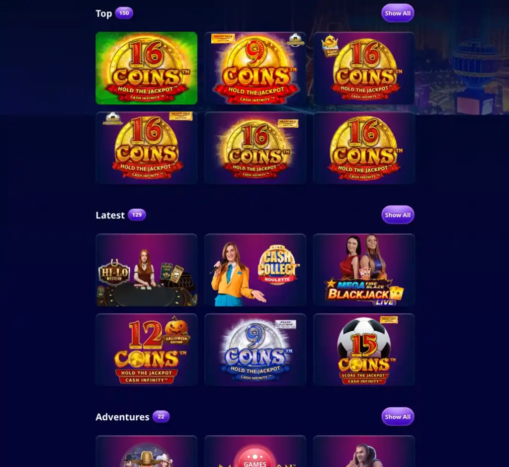 VegasPlus Casino desktop homepage screenshot showing casino lobby with featured games, promotions and top navigation - tested