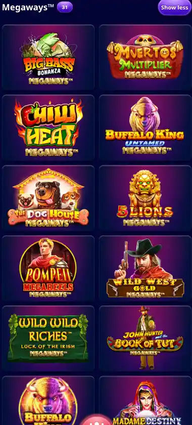 VegasPlus Casino mobile Megaways screenshot showing Megaways slot thumbnails, cascading reels and game details in the mobile game lobby - tested