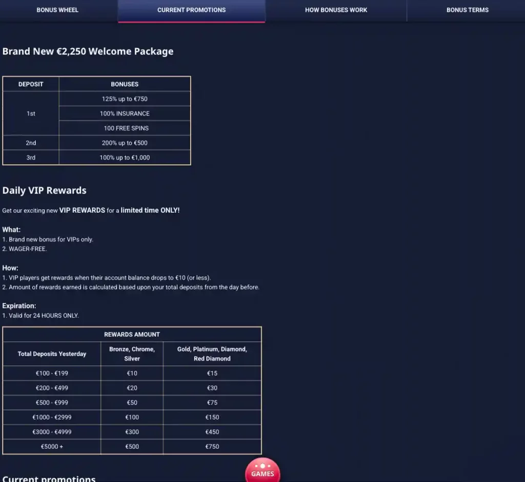 VegasPlus Casino desktop promotions screenshot showing promotional banners, bonus offers and promo details in the casino lobby - tested