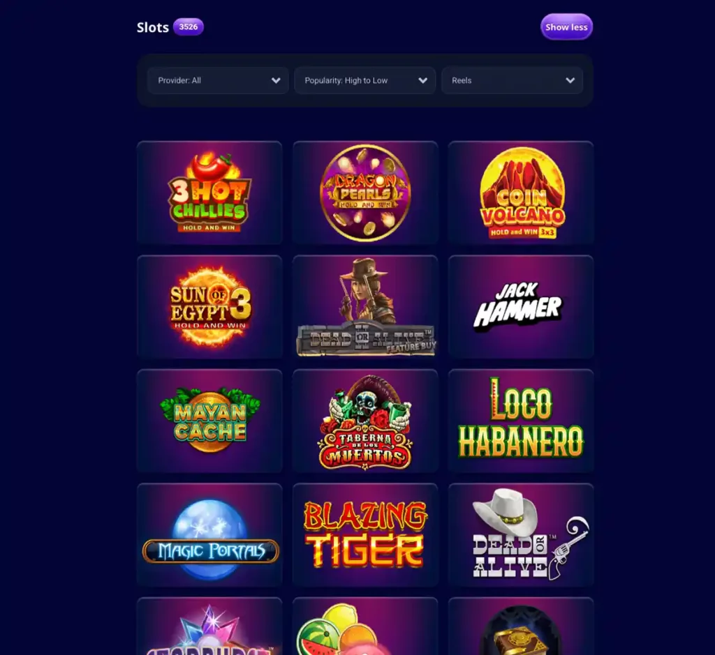 VegasPlus Casino desktop slots screenshot showing slot categories, featured titles and game providers in the casino lobby - tested