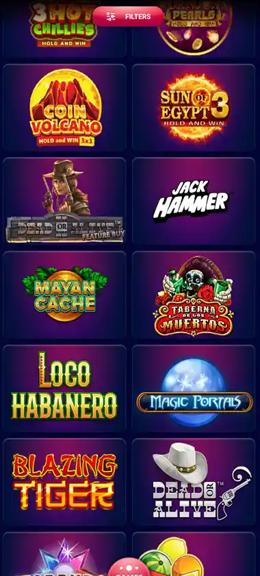 VegasPlus Casino mobile slots screenshot showing slot game thumbnails, categories and featured titles in the mobile game lobby - tested