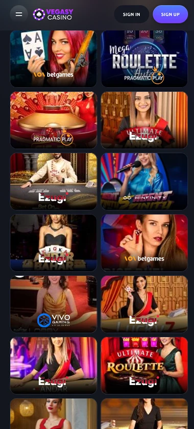 Vegasy Casino mobile live casino games collection screenshot displaying available live tables, dealers and categories - tested