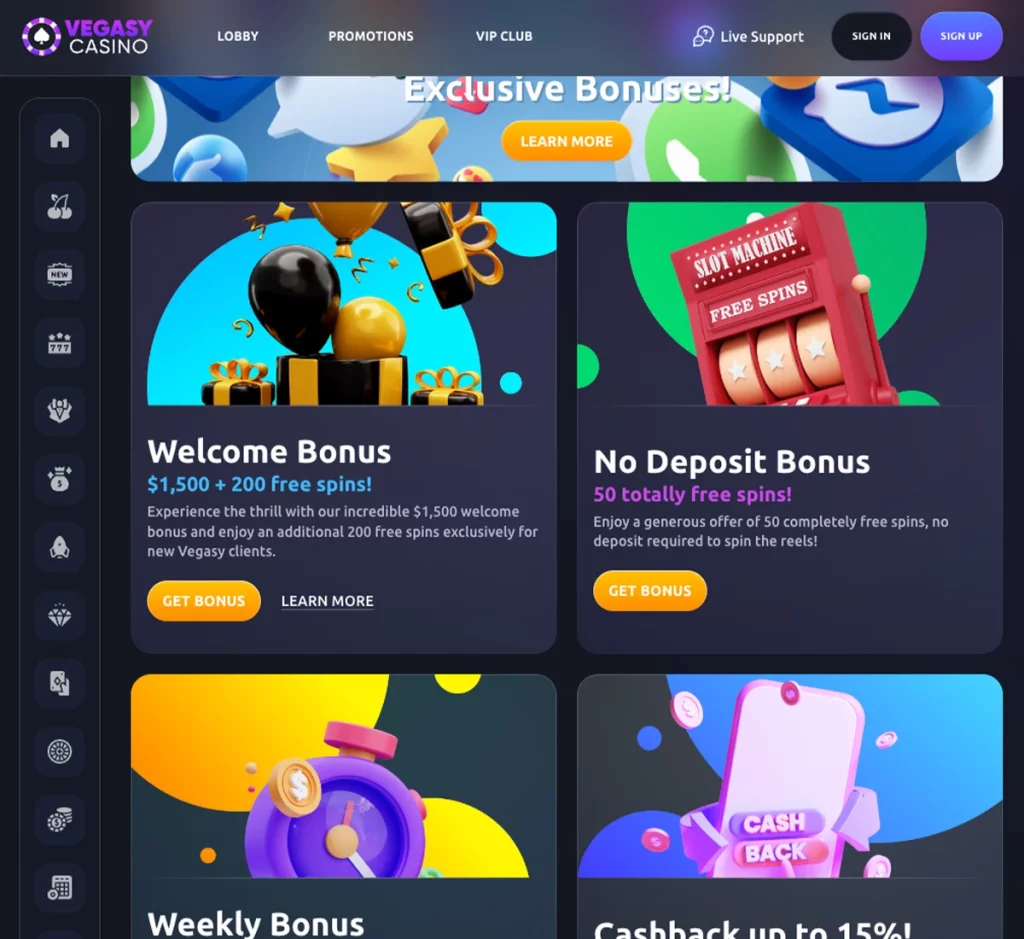 Vegasy Casino desktop promotions page screenshot displaying bonus offers, promotional banners and terms - tested