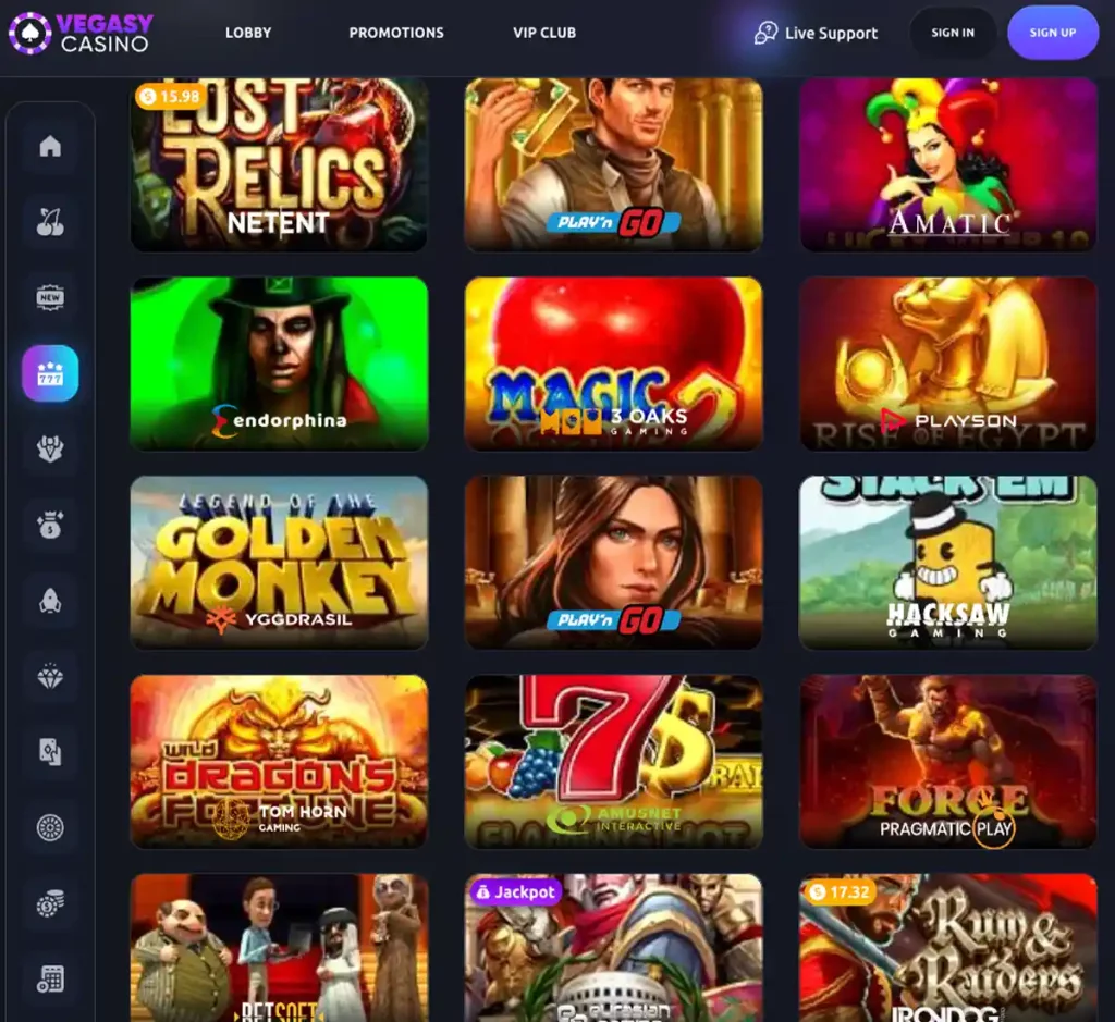 Vegasy Casino desktop slots variety screenshot displaying featured slots, game categories and filtering options - tested