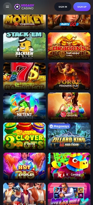 Vegasy Casino mobile slots variety screenshot displaying featured slots, categories and touch-optimized navigation - tested
