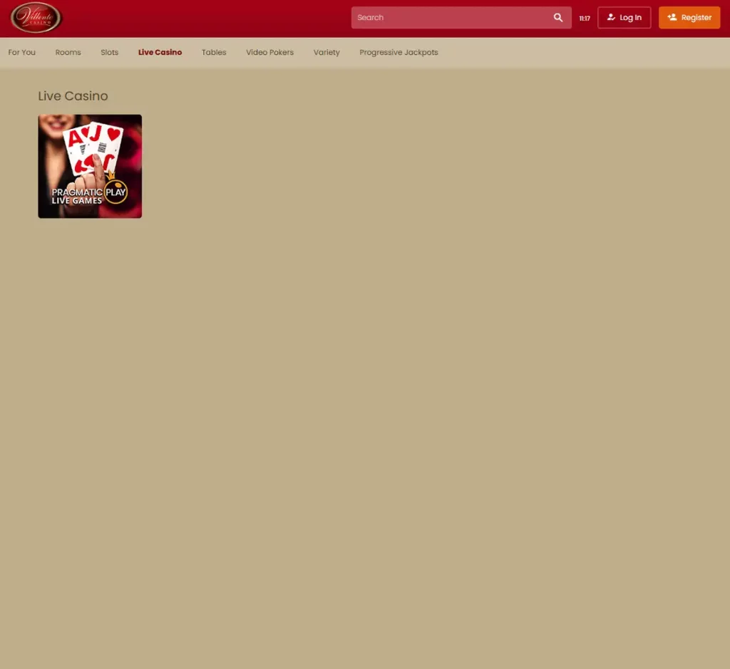 Villento Casino desktop live dealer games collection screenshot showing roulette, blackjack and baccarat tables in lobby view - tested