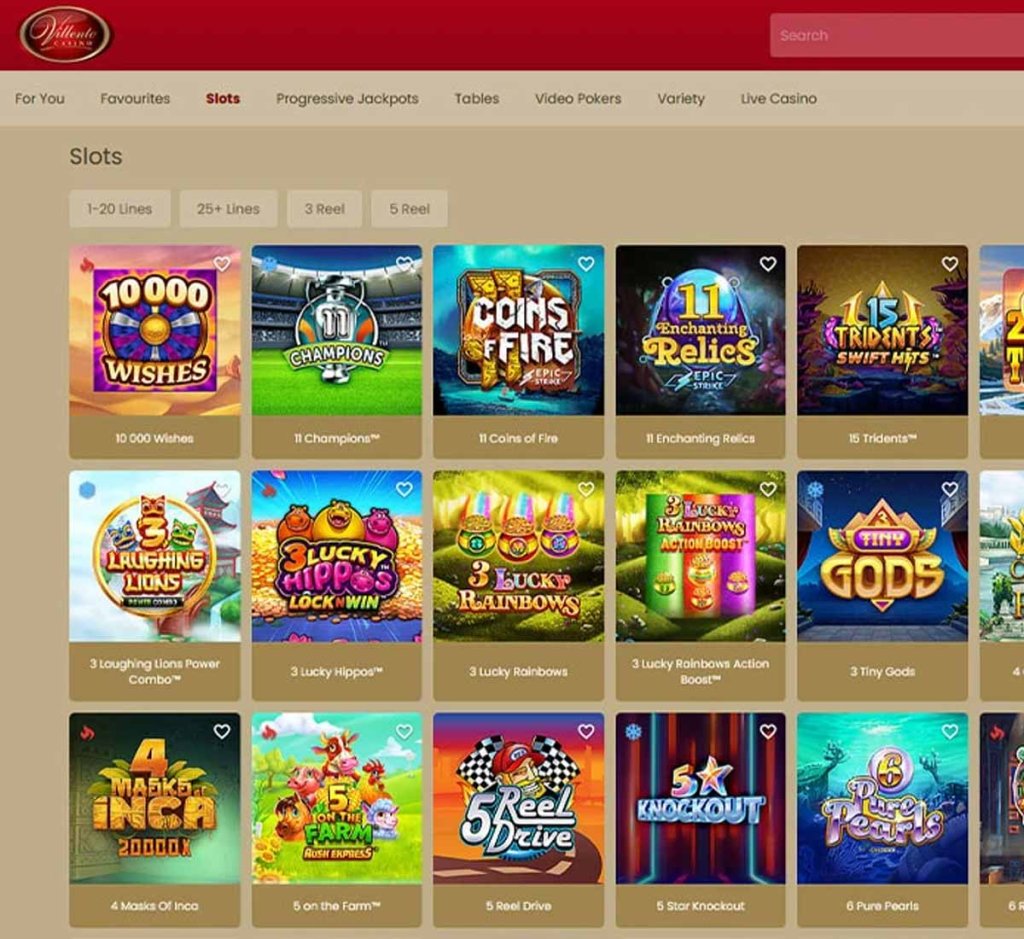 Villento Casino desktop slots variety screenshot showing multiple slot categories, featured games and provider filters - tested
