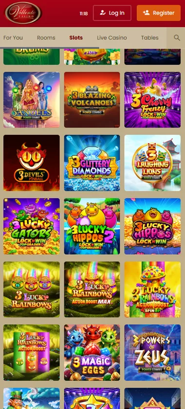 Villento Casino mobile slots variety screenshot displaying featured slots, categories and touch-optimized navigation - tested