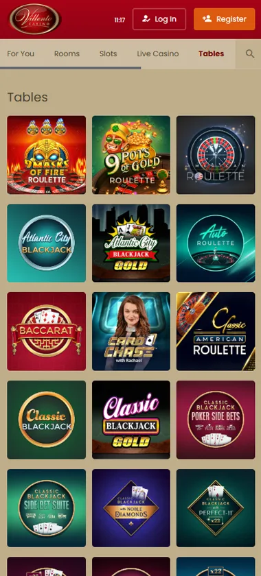 Villento Casino mobile table games collection screenshot displaying available table games and mobile-friendly navigation - tested