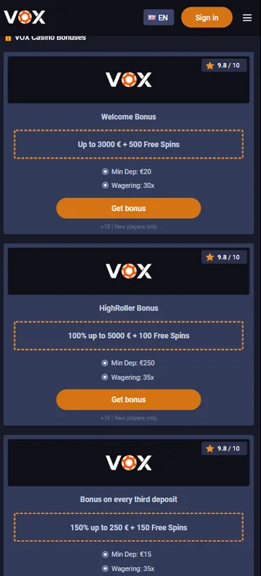 Vox Casino mobile bonuses page screenshot displaying active promotions, bonus offers and mobile-friendly interface - tested