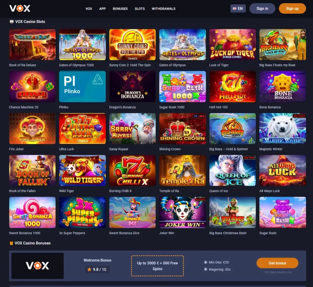 Vox Casino desktop home page screenshot showing main navigation, featured games and promotional banners - tested