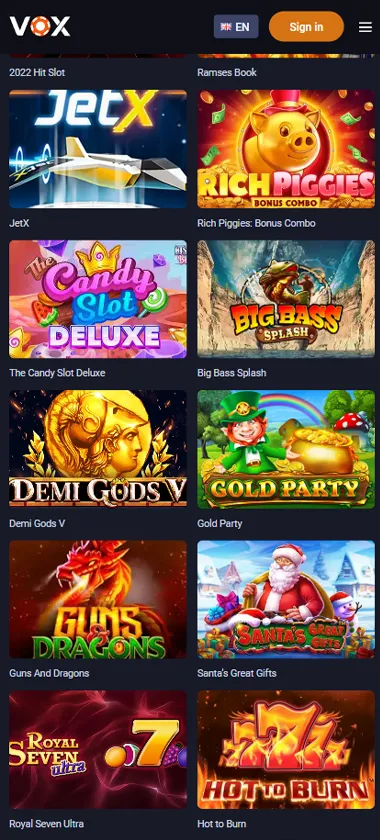 Vox Casino mobile slots variety screenshot displaying featured slots, categories and touch-optimized navigation - tested