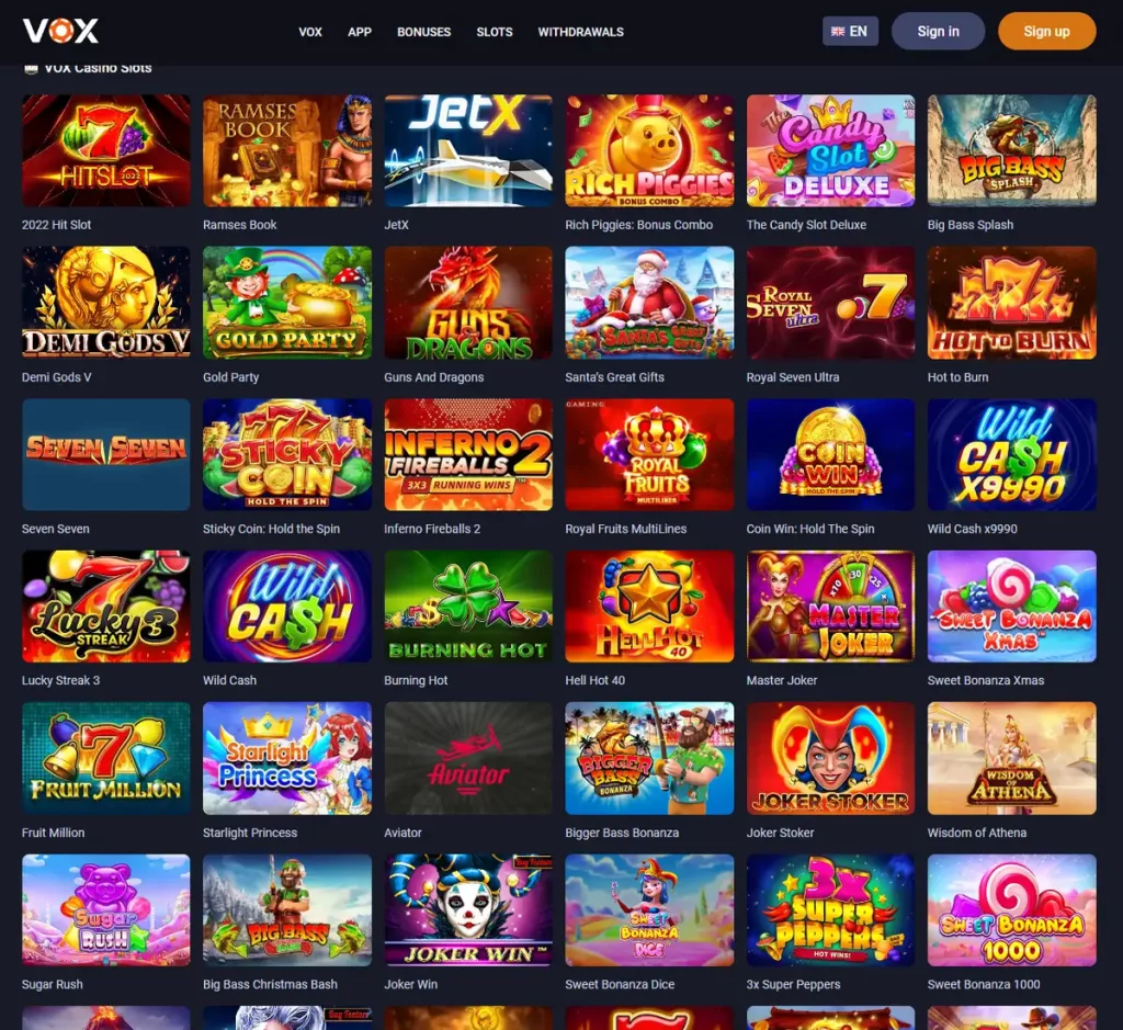 Vox Casino desktop slots variety screenshot showing multiple slot categories, featured games and provider filters - tested