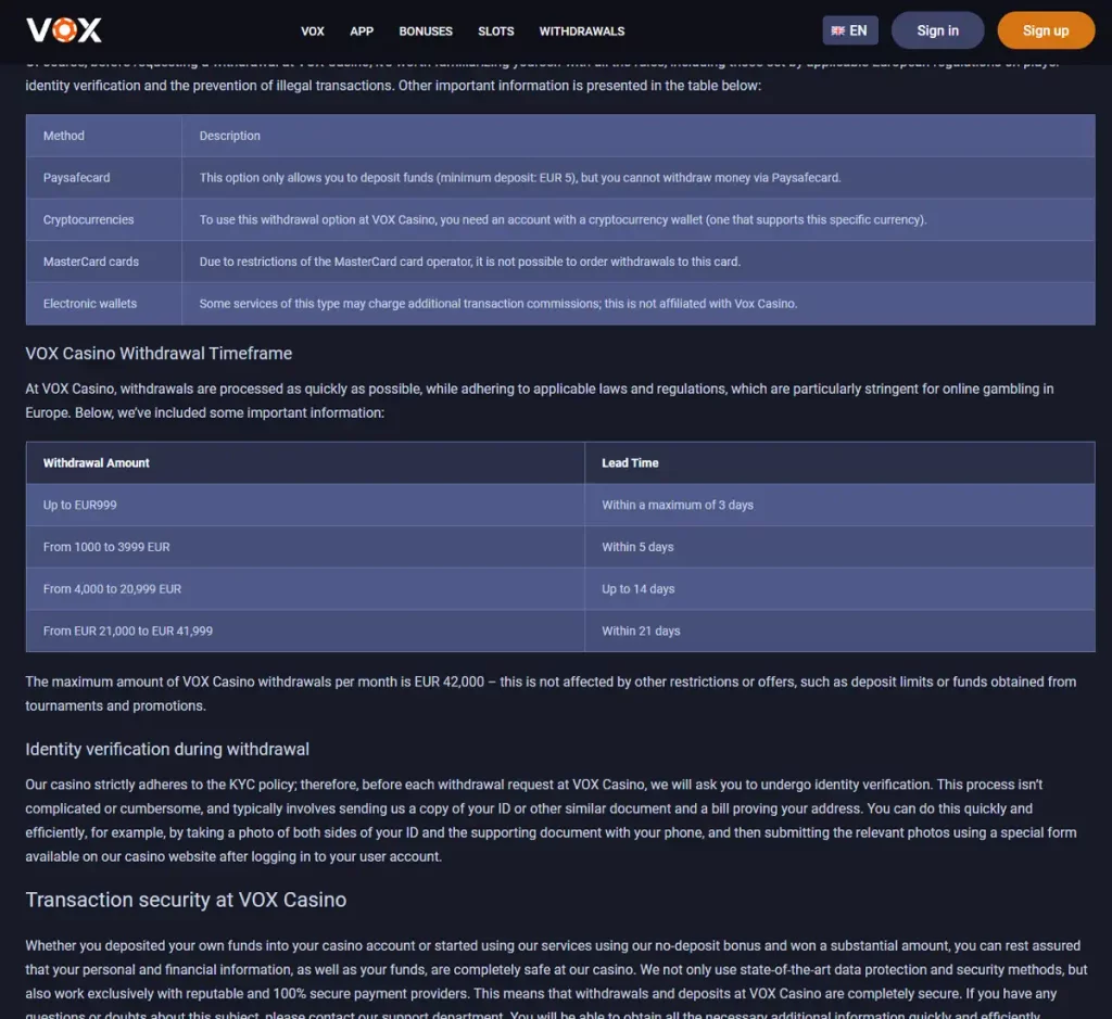 Vox Casino desktop withdrawals screenshot displaying available cashout methods, processing times and withdrawal options - tested