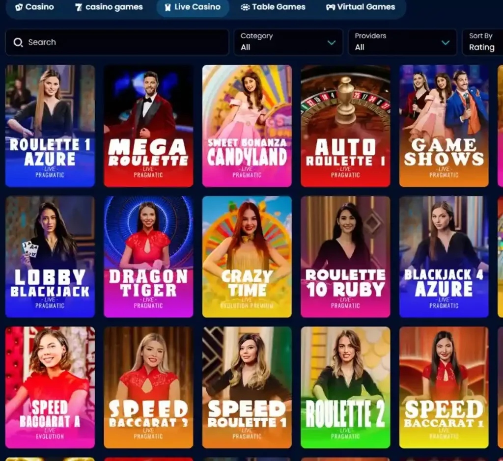 Wagered Casino desktop live casino games collection screenshot displaying available live tables, dealers and categories - tested