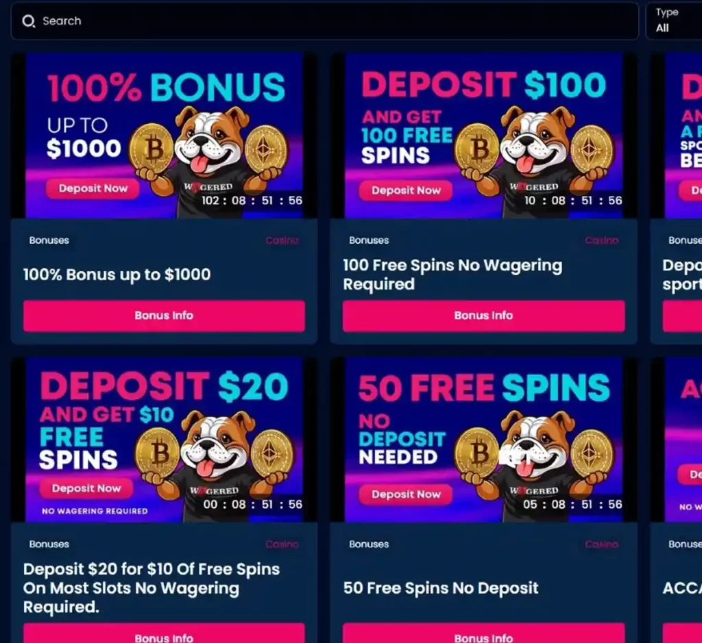 Wagered Casino desktop promotions page screenshot displaying bonus offers, promotional banners and terms - tested