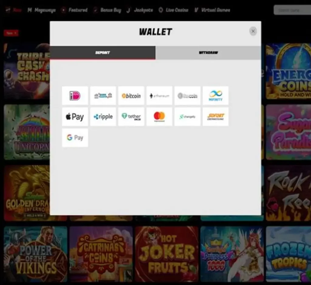 Wagerinox Casino desktop deposit methods screenshot displaying available payment options including cards, e-wallets and cryptocurrencies - tested