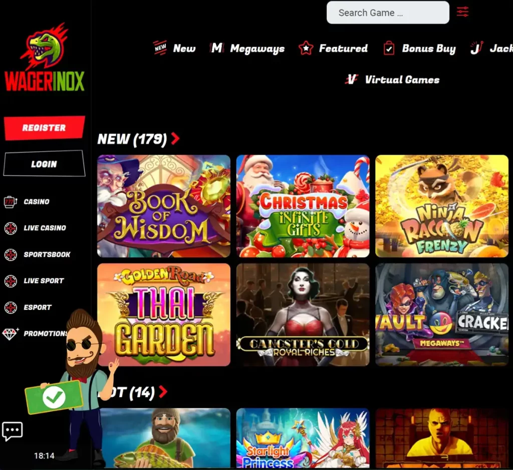 Wagerinox Casino desktop new games screenshot showing recently added titles and latest releases - tested
