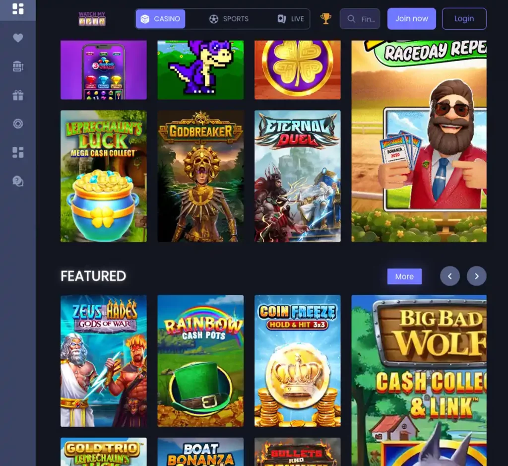 Watchmyspin Casino desktop homepage screenshot displaying main navigation, featured games and promotional banners - tested