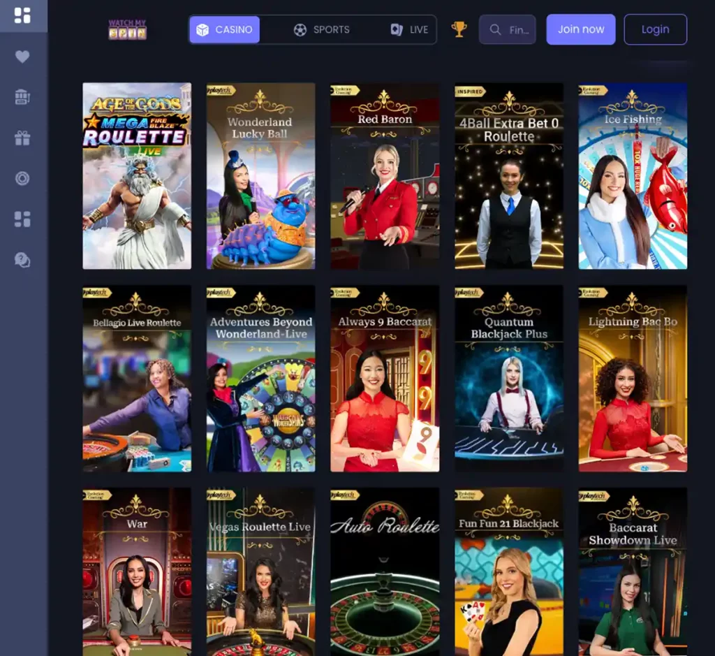 Watchmyspin Casino desktop live casino games collection screenshot displaying available live tables, dealers and categories - tested