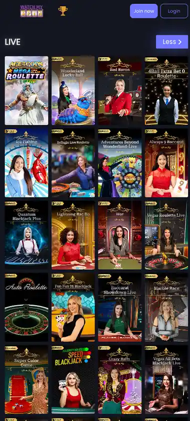 Watchmyspin Casino mobile live casino games collection screenshot displaying available live tables, dealers and categories - tested