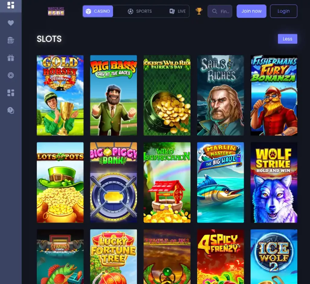 Watchmyspin Casino desktop slots variety screenshot displaying featured slots, game categories and filtering options - tested