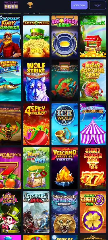 Watchmyspin Casino mobile slots variety screenshot displaying featured slots, categories and touch-optimized navigation - tested