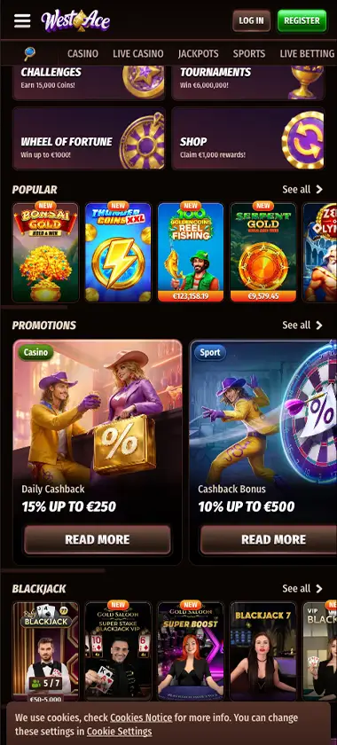 WestAce Casino mobile home page screenshot displaying main navigation, featured games and mobile-friendly interface - tested