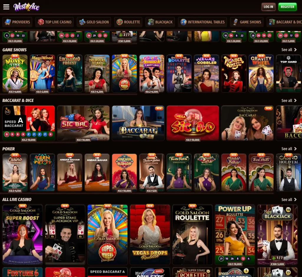 WestAce Casino desktop live dealer games collection screenshot showing roulette, blackjack and baccarat tables in lobby view - tested