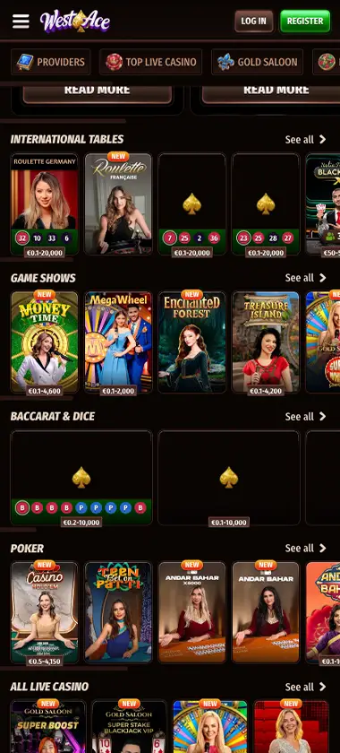 WestAce Casino mobile live dealer games collection screenshot displaying available live tables and categories - tested