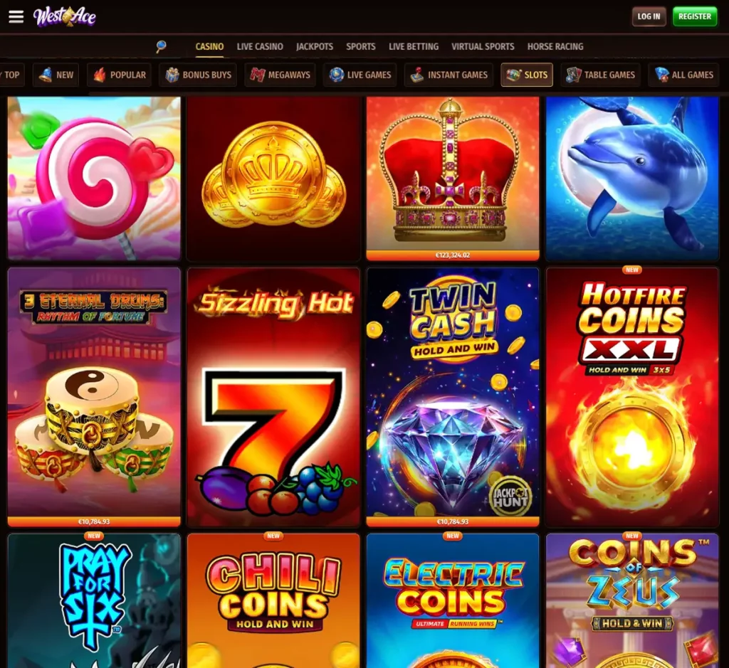 WestAce Casino desktop slots variety screenshot showing multiple slot categories, featured games and provider filters - tested