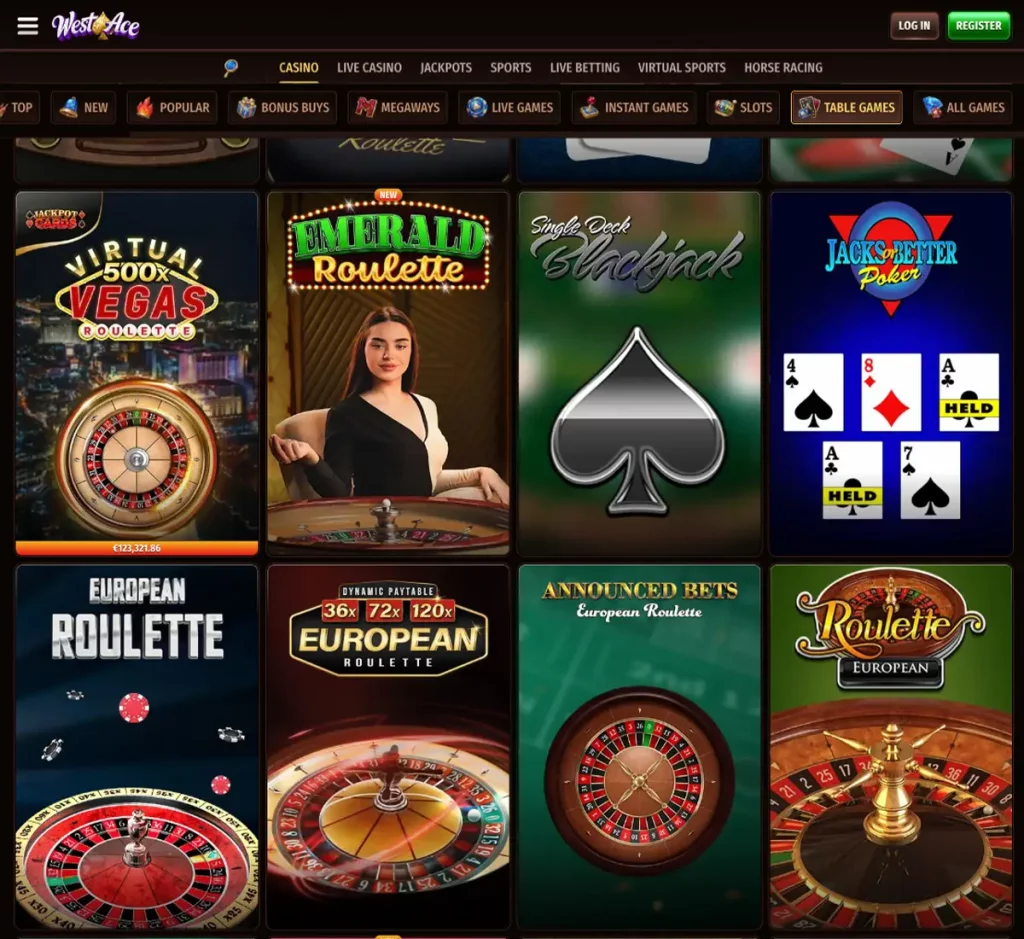 WestAce Casino desktop table games collection screenshot showing various table games, categories and filtering options - tested
