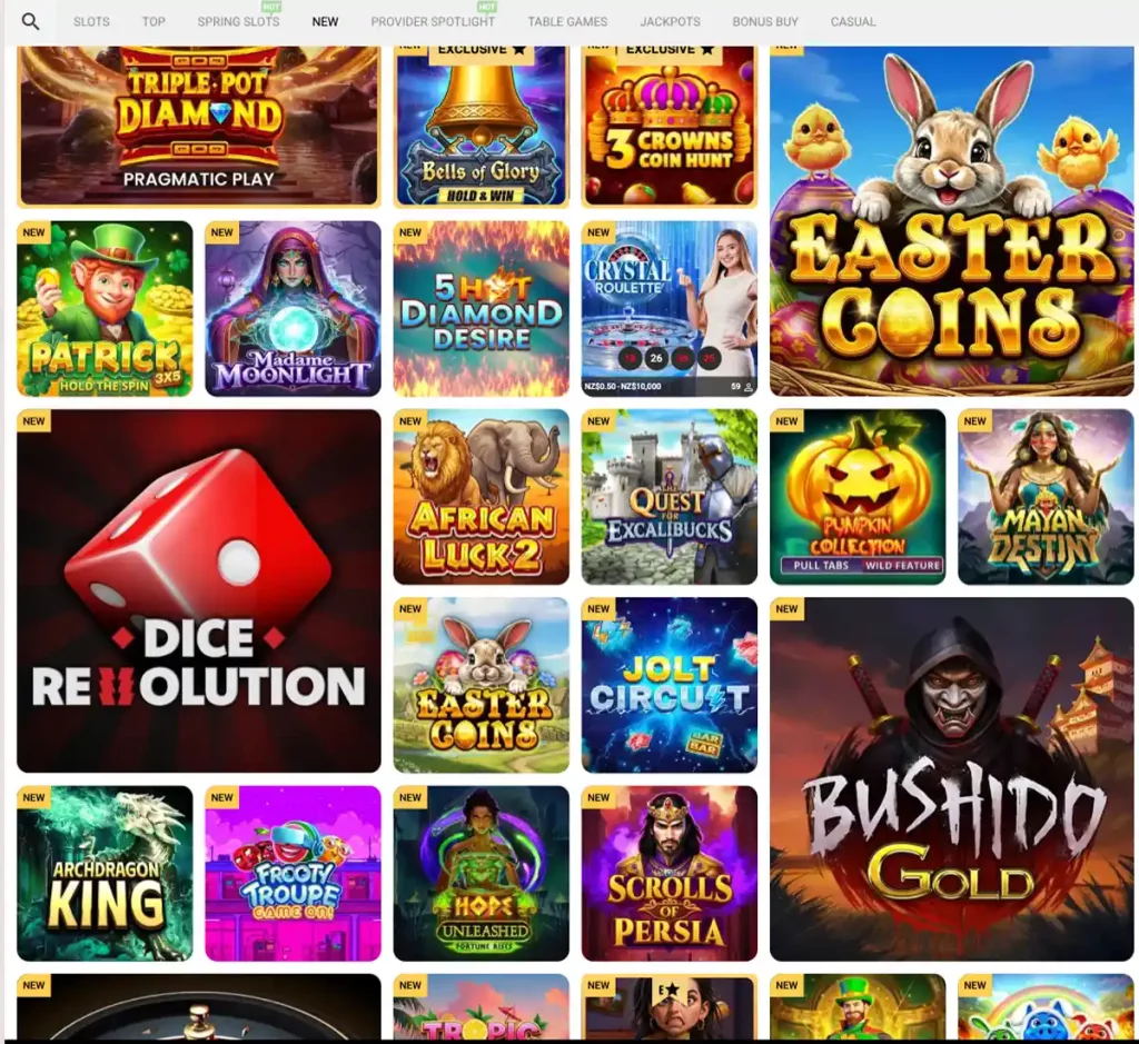 WikiLuck Casino desktop new games screenshot showing recently released game tiles, release dates and provider logos in the casino library - tested WikiLuck Casino desktop new games screenshot showing recently released game tiles, release dates and provider logos in the casino library - tested