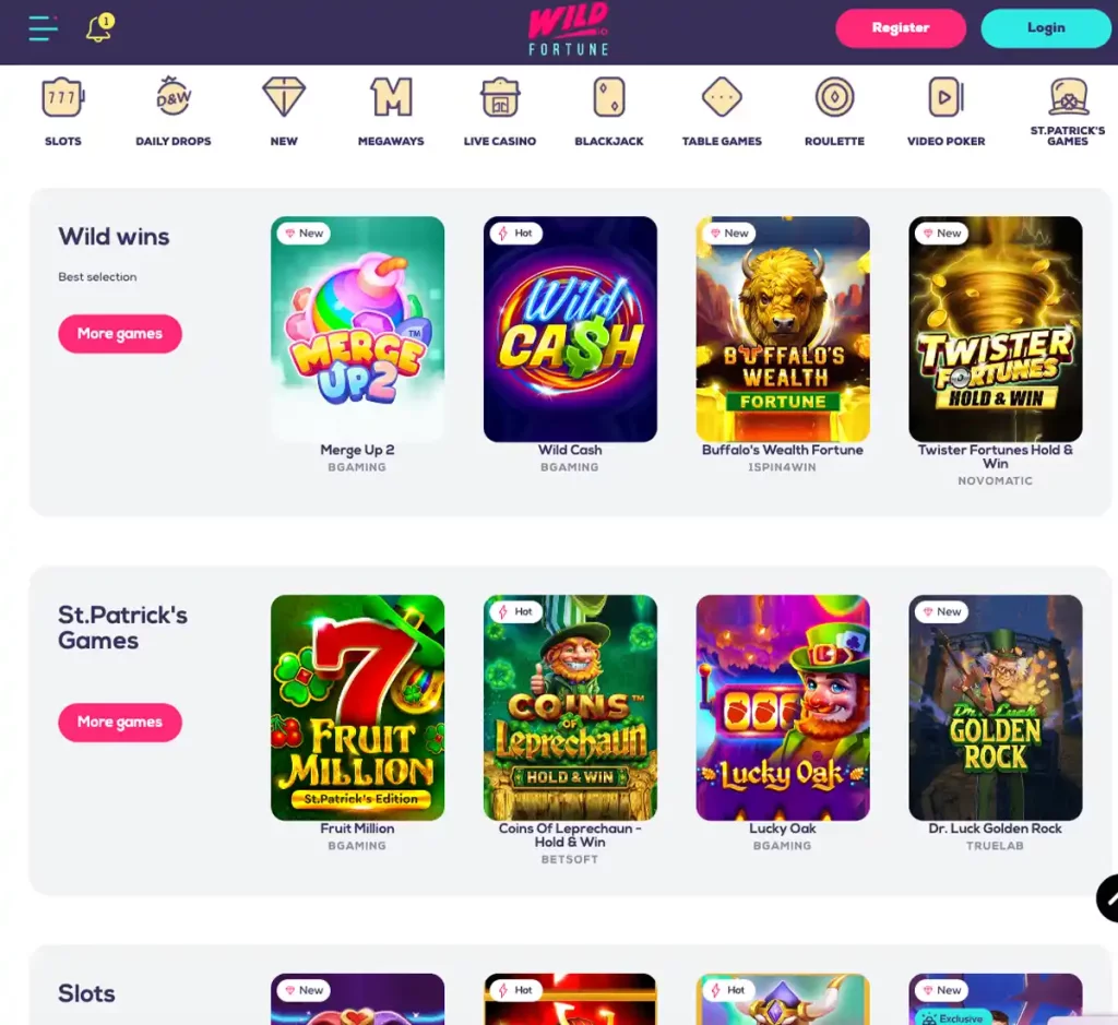 Wild Fortune Casino desktop home page screenshot showing main navigation, featured games and promotional banners - tested