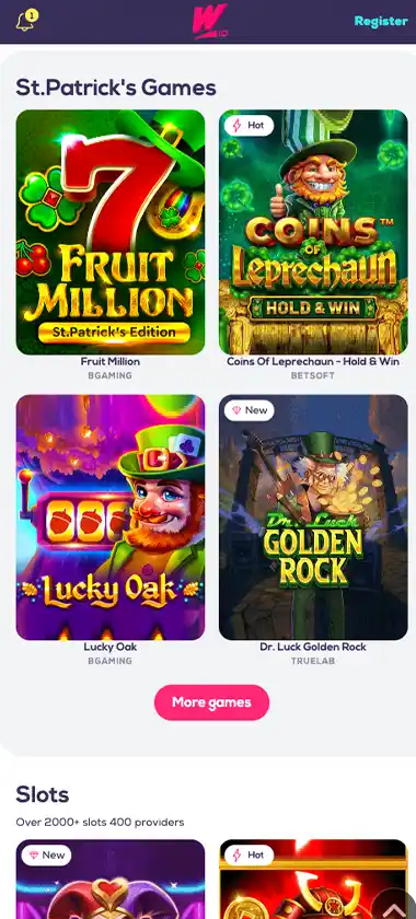 Wild Fortune Casino mobile home page screenshot showing main navigation, featured games and promotional banners - tested