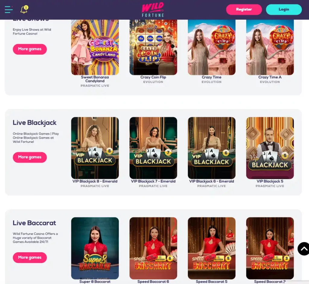Wild Fortune Casino desktop live casino games collection screenshot displaying available live tables and categories - tested
