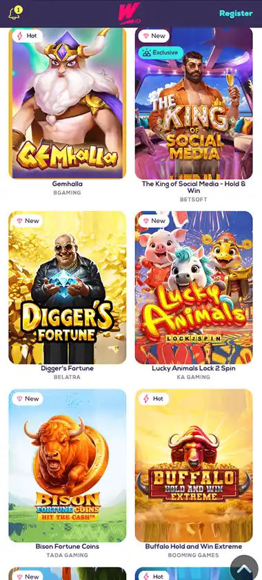 Wild Fortune Casino mobile slots variety screenshot displaying featured slots, categories and touch-optimized navigation - tested