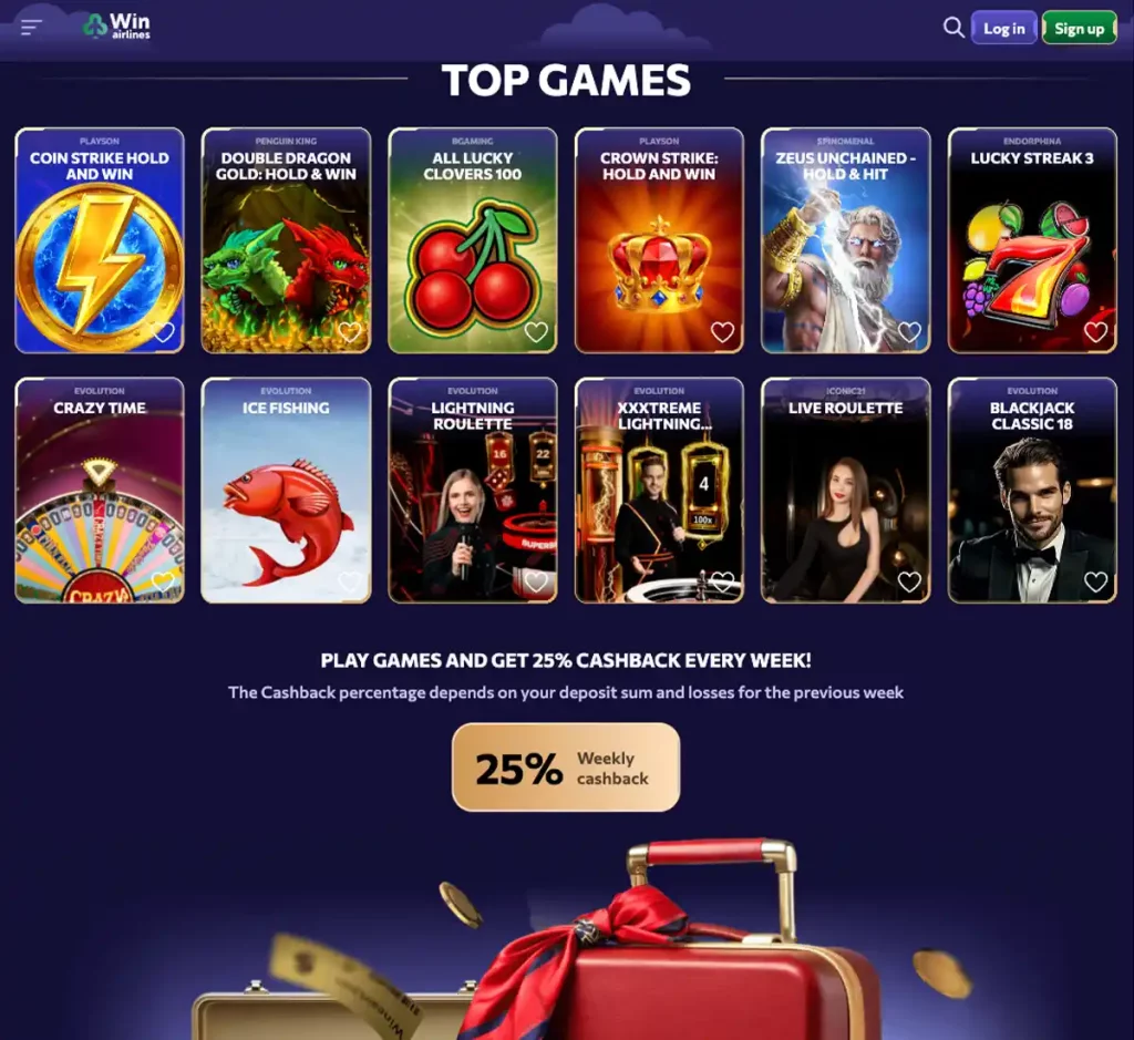 Win Airlines Casino desktop home page - captured during our review