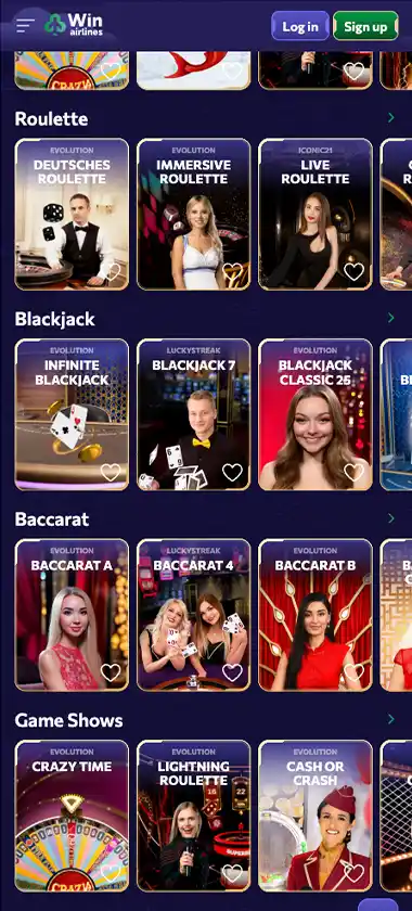 WinAirlines Casino mobile live casino games collection - captured during our review