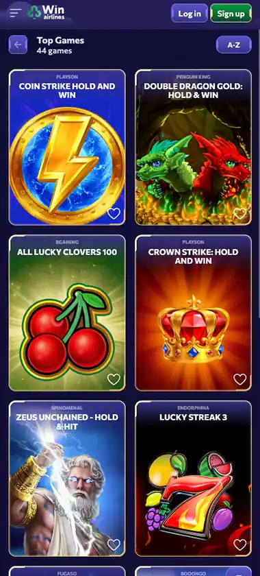 WinAirlines Casino mobile new games collection - captured during our review