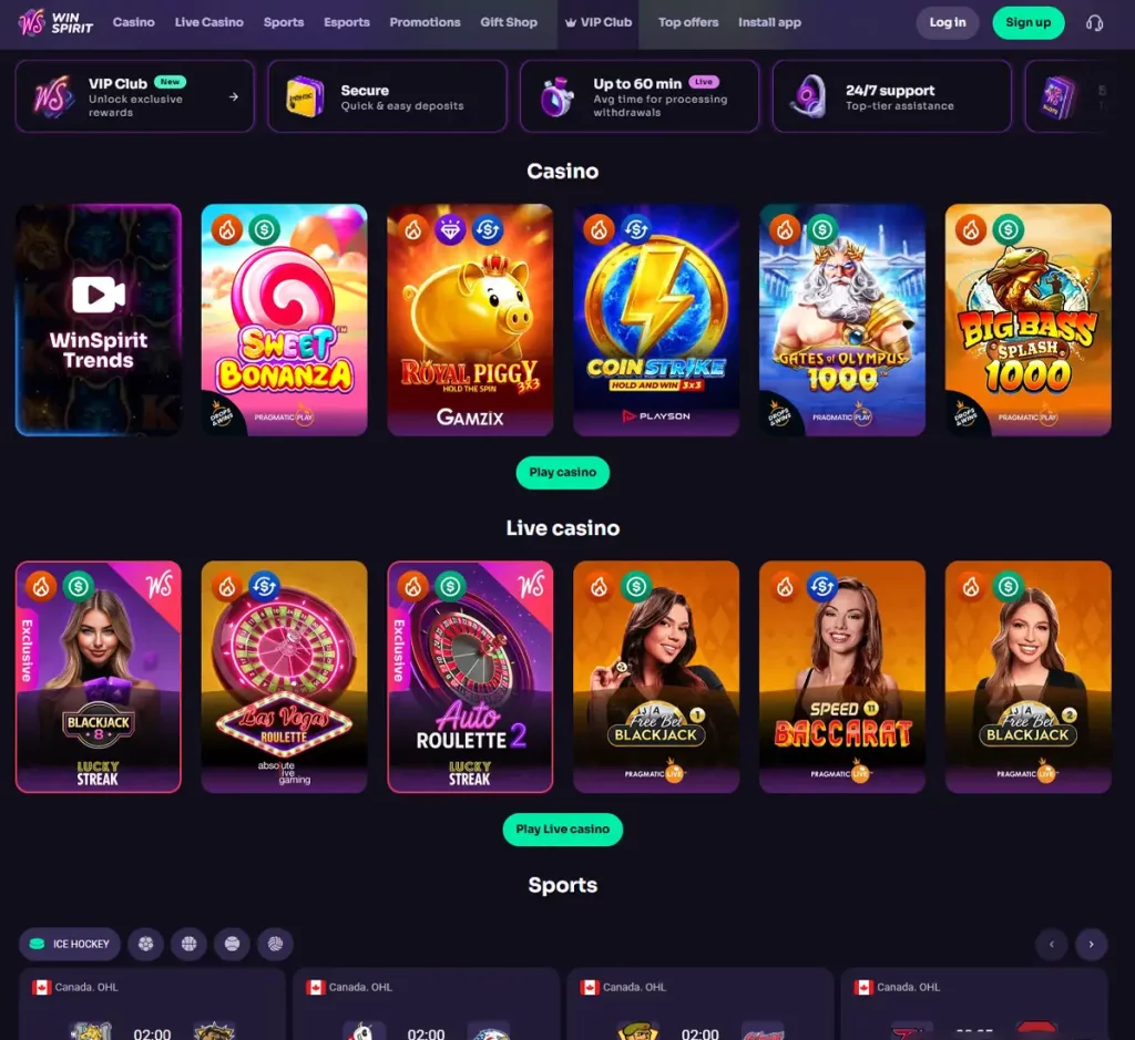 WinSpirit Casino desktop home page screenshot showing main navigation, featured games and promotional banners - tested