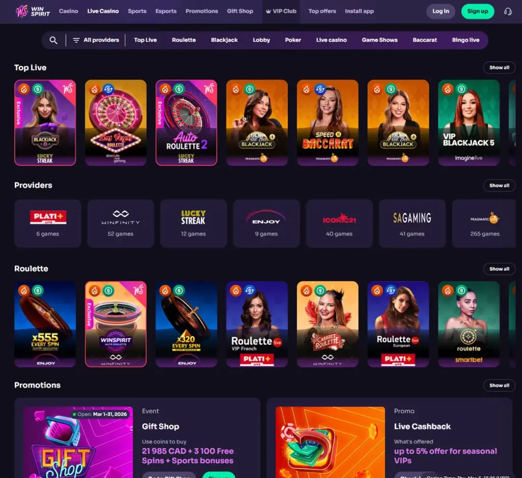 WinSpirit Casino desktop live dealer games collection screenshot showing roulette, blackjack and baccarat tables in lobby view - tested