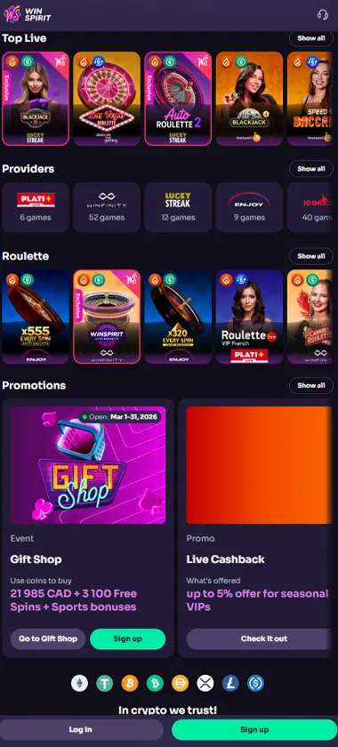 WinSpirit Casino mobile live dealer games collection screenshot displaying available live tables and categories - tested