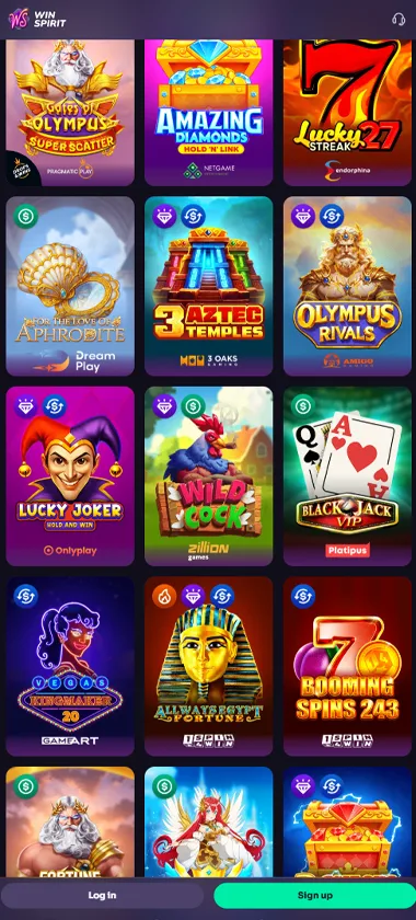 WinSpirit Casino mobile slots variety screenshot displaying featured slots, categories and touch-optimized navigation - tested