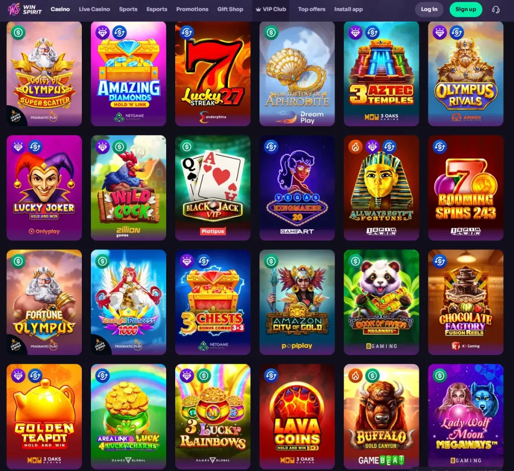 WinSpirit Casino desktop slots variety screenshot showing multiple slot categories, featured games and provider filters - tested