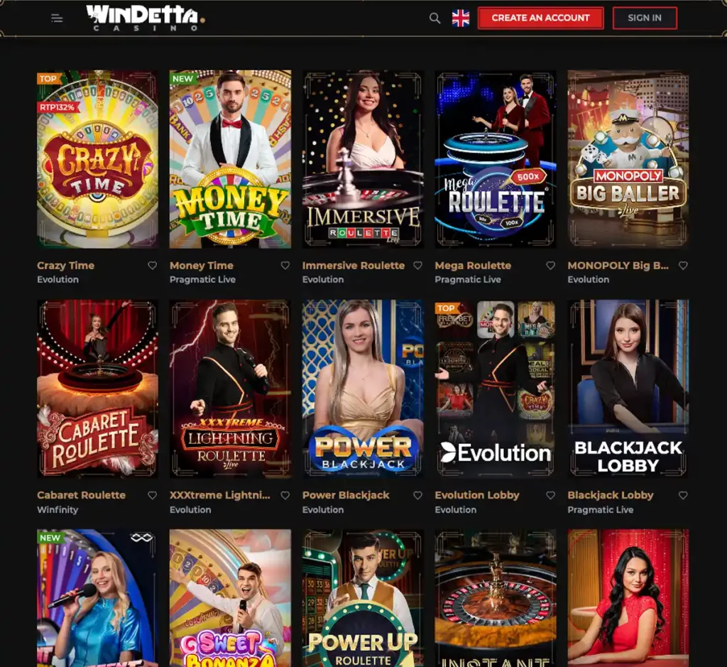 Windetta Casino desktop live casino screenshot displaying real-dealer tables including roulette, blackjack and baccarat with lobby navigation and betting interface - tested