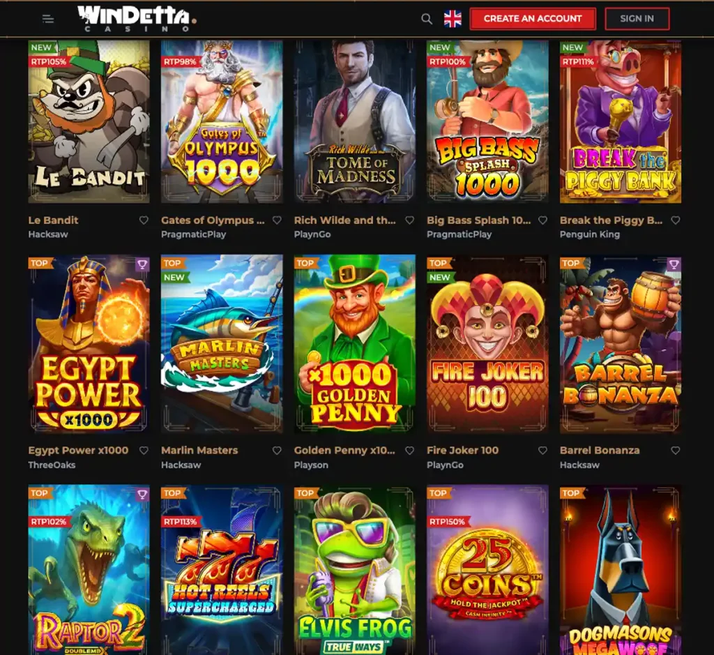 Windetta Casino desktop popular games screenshot showing top-rated game tiles, leaderboards and featured provider logos in the casino lobby - tested